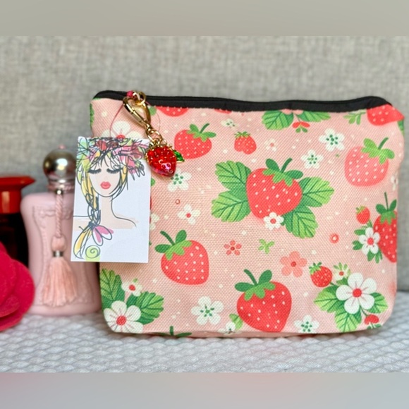 New Strawberries & Flowers Pink Makeup Cosmetic Tech Pencil Bag w/ Charm - 9.5” - Picture 2 of 6